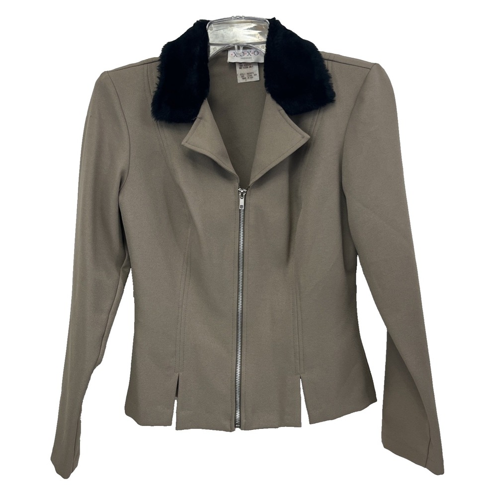 VTG XOXO Dresses Tan Brown Jacket Women's Size 7 Fur Collar Full Zip Lightweight